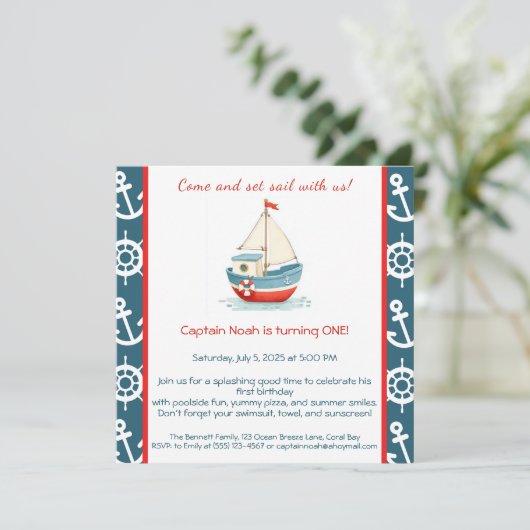 Nautische 1e verjaardag Pool Party uitnodiging (Staand voorkant)