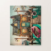 Nautische aanlegsteiger-bootwinkel kustcottage legpuzzel (Verticaal)