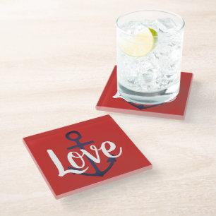 nautische ANCHOR + script LOVE   Glazen Onderzetter