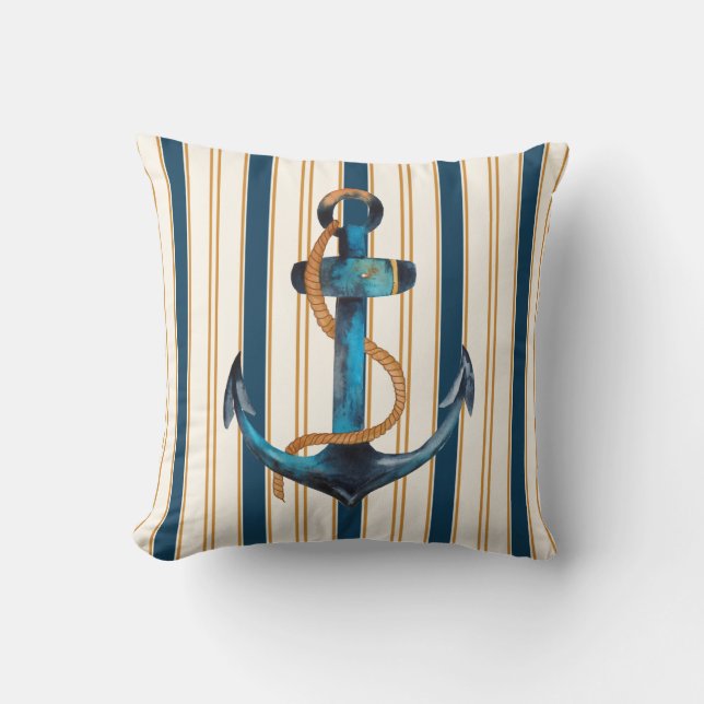 Nautische anchor Turquoise Gold Stripe Beach Kussen (Voorkant)