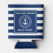 Nautische anker blauw gestreepte boot naam touw st blikjeskoeler (Voorkant)