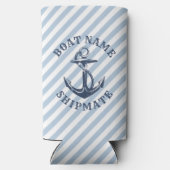 Nautische anker blauw wit streep gepersonaliseerd seltzer blikjeskoeler (Achterkant)
