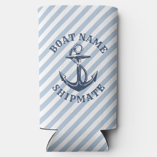 Nautische anker blauw wit streep gepersonaliseerd seltzer blikjeskoeler (Achterkant)