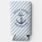 Nautische anker blauw wit streep gepersonaliseerd seltzer blikjeskoeler (Voorkant)
