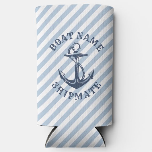 Nautische anker blauw wit streep gepersonaliseerd seltzer blikjeskoeler (Voorkant)
