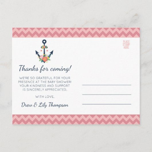 nautische anker bloemenbaby meisje douche dank u briefkaart (Voorkant)