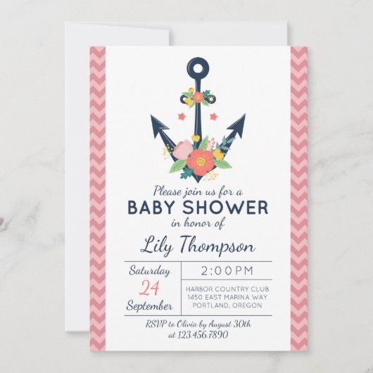 nautische anker bloemenbaby meisje douche uitnodig kaart (Voorkant)