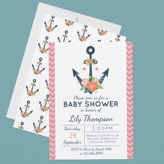 nautische anker bloemenbaby meisje douche uitnodig kaart