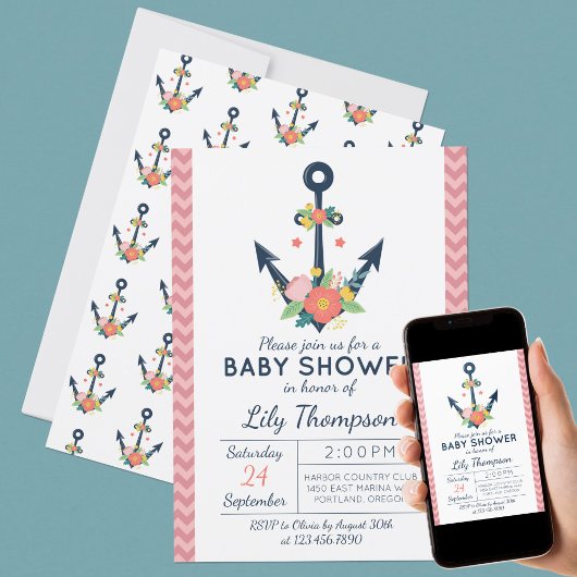 nautische anker bloemenbaby meisje douche uitnodig kaart