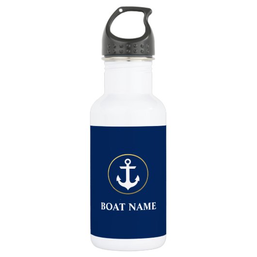 Nautische Anker Bootnaam Marine Blauw Goud Wit Waterfles (Voorkant)
