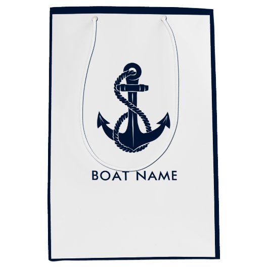 Nautische Anker Bootnaam Marine Blauw Modern Medium Cadeauzakje (Voorkant)