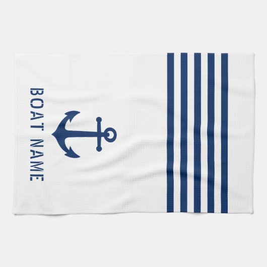 Nautische  Anker Bootnaam Navy Blauw Wit Theedoek (Horizontaal)