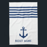 Nautische  Anker Bootnaam Navy Blauw Wit Theedoek<br><div class="desc">Aangepaste nautische  anker met uw gepersonaliseerde bootnaam in marineblauw op een witte keukenhanddoek.</div>