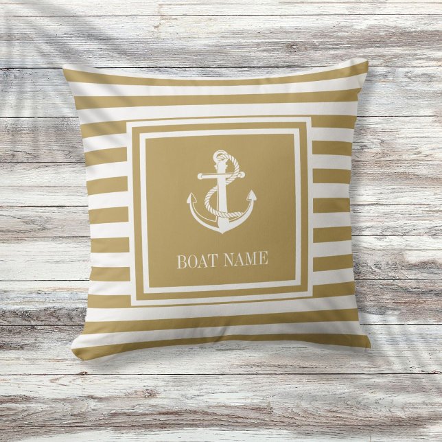 Nautische Anker Bootsnaam Goud Gestreepte Kussen (Nautical Anchor Boat Name Gold Striped Throw Pillow)