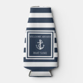 Nautische Anker Bootsnaam Navy Blauwe Strepen Flesjeskoeler (Voorkant)