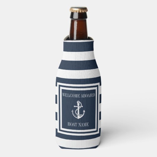 Nautische Anker Bootsnaam Navy Blauwe Strepen Flesjeskoeler (Fles Voorkant)