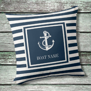 Nautische Anker Bootsnaam Navy Blauwe Strepen Kussen