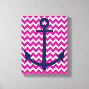 Nautische anker Chevron Wall Art in roze en marine Canvas Afdruk