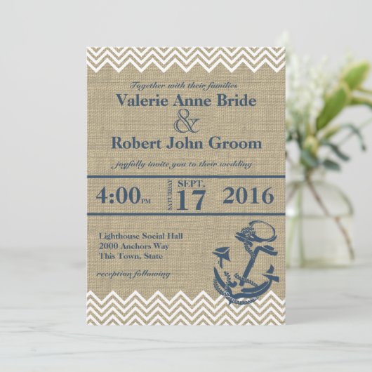 Nautische Anker Chevron Wedding Kaart (Staand voorkant)