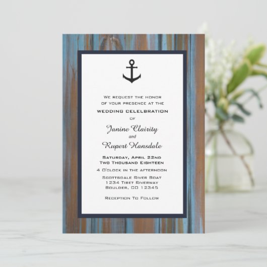 Nautische Anker Distressed Wood Huwelijksuitnodigi Kaart (Staand voorkant)