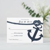 Nautische anker en touw bruiloft respons donker RSVP kaartje (Staand voorkant)