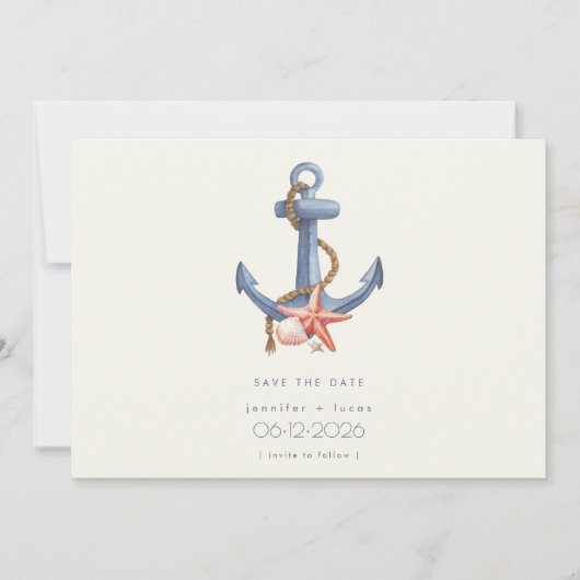 nautische anker foto kust strand bruiloft save the date (Voorkant)