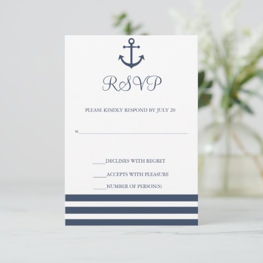 Nautische Anker & Gestreepte Huwelijksreactie Kaar RSVP Kaartje (Staand voorkant)