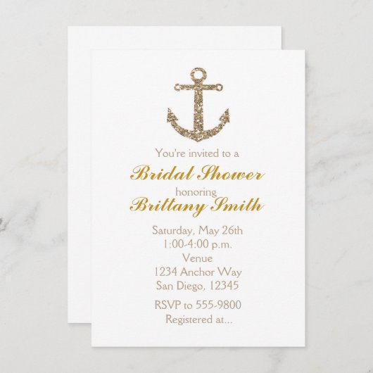 Nautische Anker Gouden Glitter Glam Party Uitnodig Kaart (Voorkant / Achterkant)
