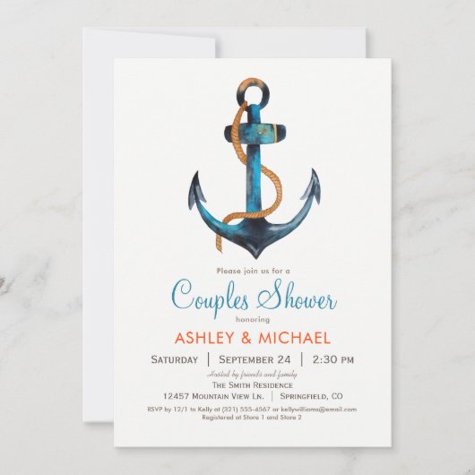 Nautische Anker Koppels Douche Uitnodiging (Voorkant)