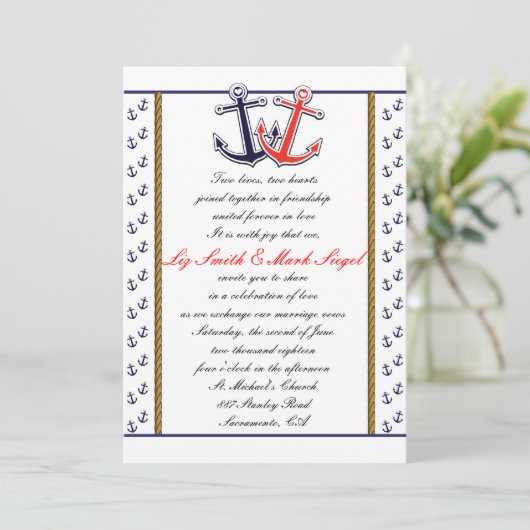 nautische anker liefde bruiloft paar uitnodiging (Staand voorkant)