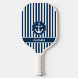 Nautische anker met touw Navy Blue Stripes Custom Pickleball Paddle