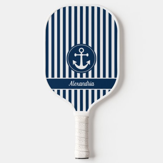 Nautische anker met touw Navy Blue Stripes Custom Pickleball Paddle (Voorkant)