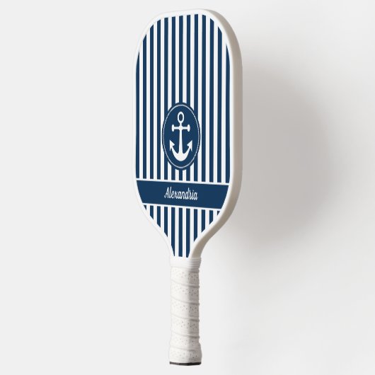 Nautische anker met touw Navy Blue Stripes Custom Pickleball Paddle (Links)