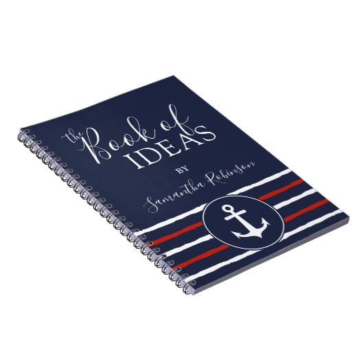 Nautische anker monogram rood wit marineblauw notitieboek (Rechterzijde)
