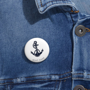 Nautische Anker Navy Blue Schattigee Bootnaam Cust Ronde Button 5,7 Cm