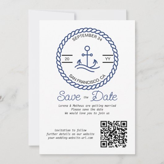 Nautische Anker QR Code Bruiloft Opslaan De Datum  Save The Date (Voorkant)