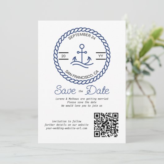 Nautische Anker QR Code Bruiloft Opslaan De Datum  Save The Date (Staand voorkant)