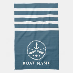 nautische anker riemen sterren boot naam blauw gri theedoek