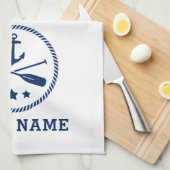 nautische anker riemen sterren boot naam blauw wit theedoek (Quarter Fold)