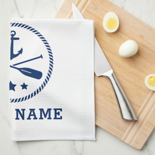 nautische anker riemen sterren boot naam blauw wit theedoek (Quarter Fold)