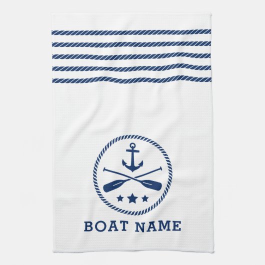 nautische anker riemen sterren boot naam blauw wit theedoek (Verticaal)