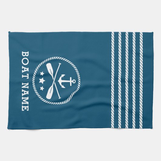 Nautische Anker Riemen Sterren Bootnaam Aqua Blue Theedoek (Horizontaal)