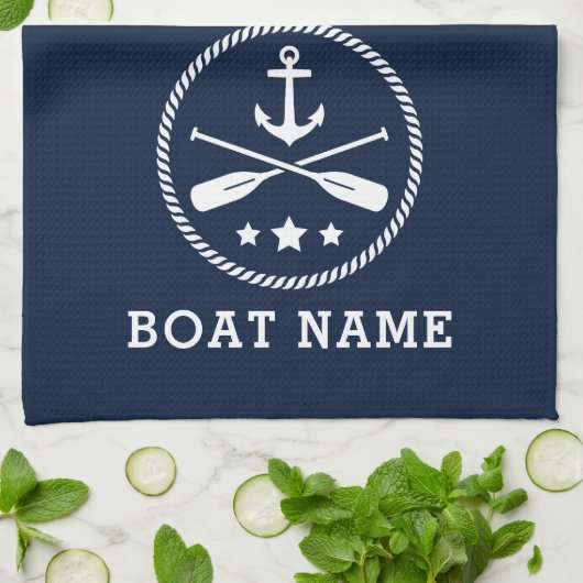 nautische anker riemen sterren bootnaam Zee blauw Theedoek (Gevouwen)