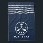 nautische anker riemen sterren bootnaam Zee blauw Theedoek<br><div class="desc">Custom Nautical Anchor with Oars - Paddle and Stars en uw gepersonaliseerde bootnaam op een stijlvolle Zeeen blauwe keukenhanddoek met ankertouw strepen.</div>