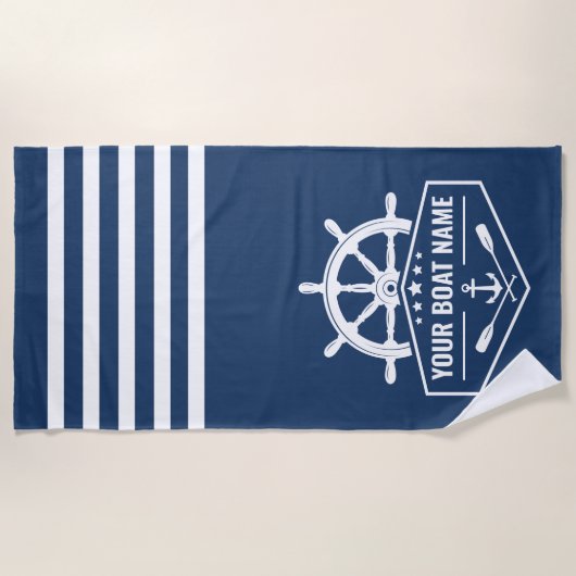 Nautische Anker Riemen Wheel Jouw naam Blauw & Wit Strandlaken (Voorkant)