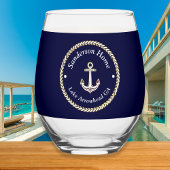 Nautische Anker Rope Navy Blauw Wit Monogram Naam Wijnglas Zonder Voet