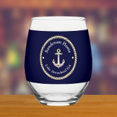 Nautische Anker Rope Navy Blauw Wit Monogram Naam Wijnglas Zonder Voet