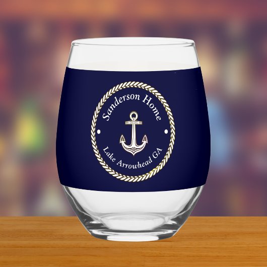 Nautische Anker Rope Navy Blauw Wit Monogram Naam Wijnglas Zonder Voet