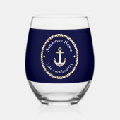 Nautische Anker Rope Navy Blauw Wit Monogram Naam Wijnglas Zonder Voet (Achterkant)