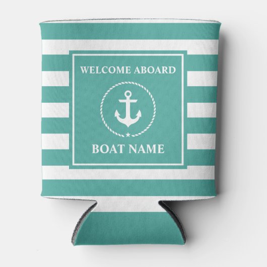 Nautische Anker Touw Gestreept Welkom Boot Naam Blikjeskoeler (Voorkant)